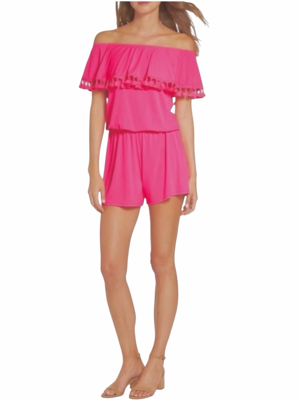 Lilly  Pulitzer La Fortuna Off Shoulder Romper hot pink Tassels